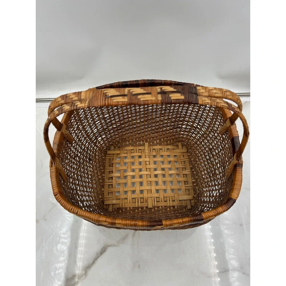 Vintage Handwoven Wicker Basket Rectangular Brown Tan Storage Decor with Handle